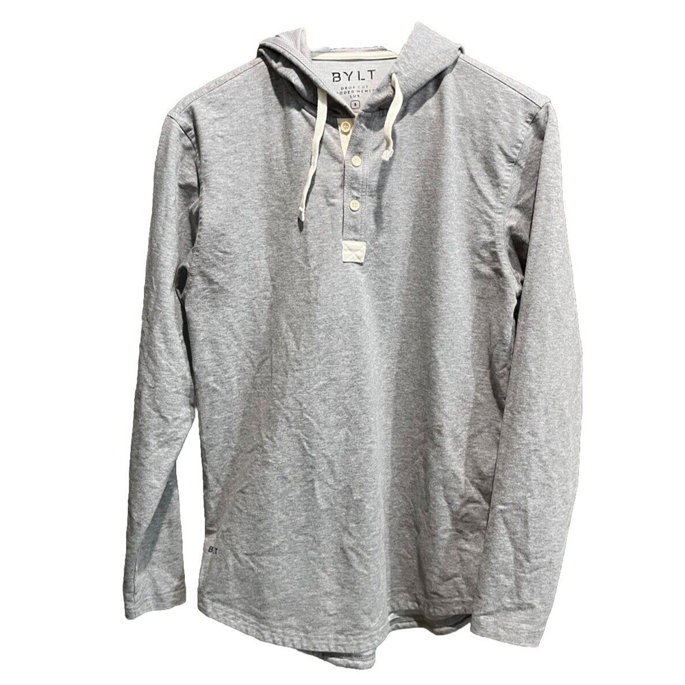 BYLT Gray Drop Cut Hooded Henley Lux Men's Pullover Sweater Size Small